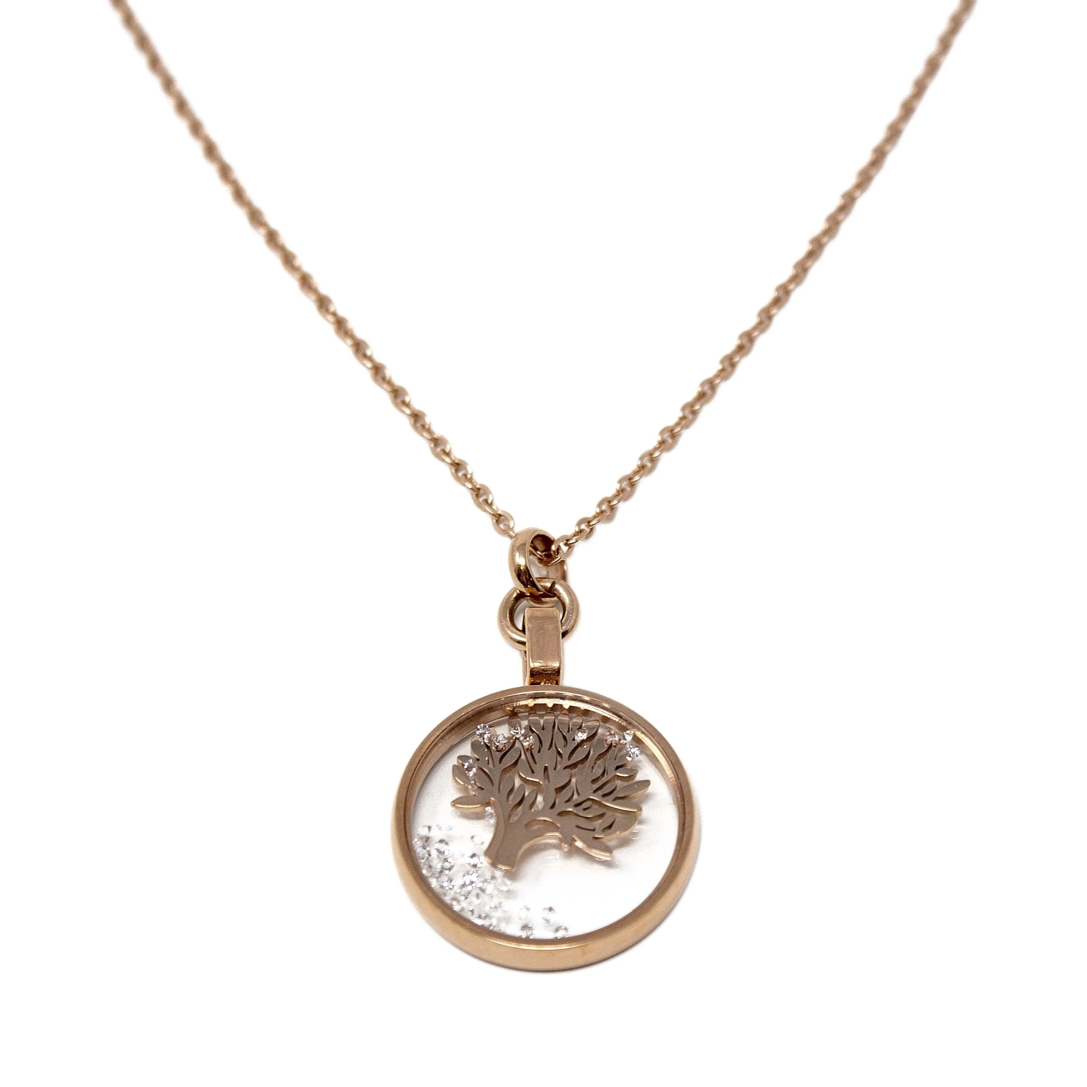 18 Kt Rose Gold Plated Stainless Steel Tree of Life Glass Locket Necklace