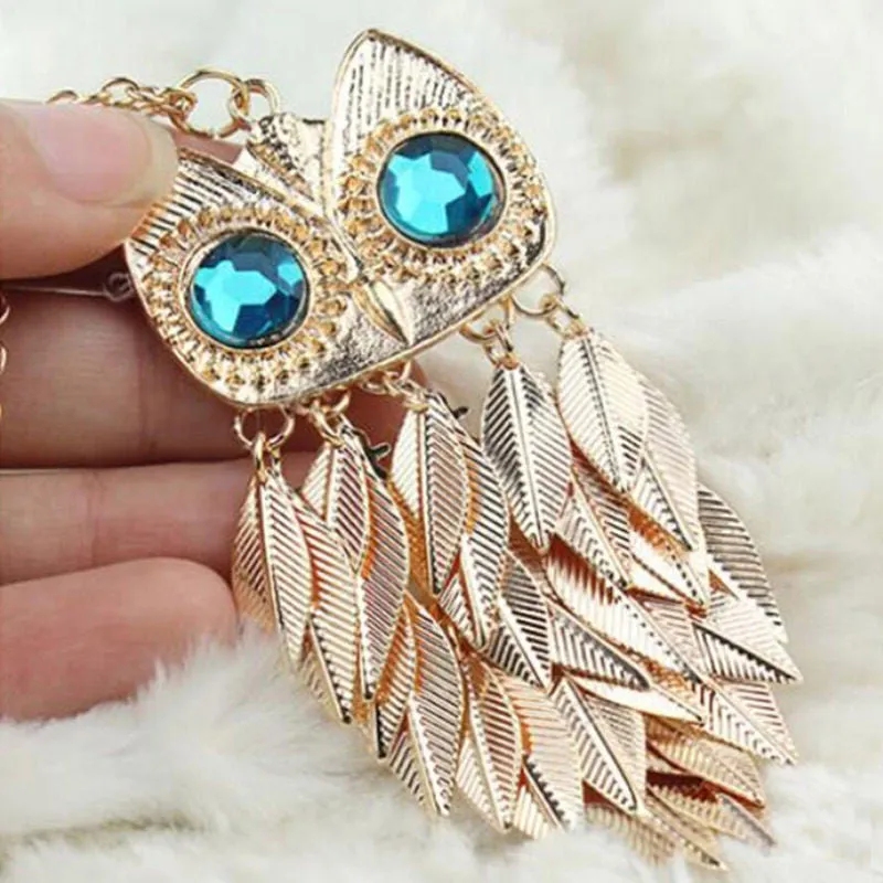 able Stylish Gold Plated Leaves Owl Charm Chain Long Women Pendant Necklace SM6