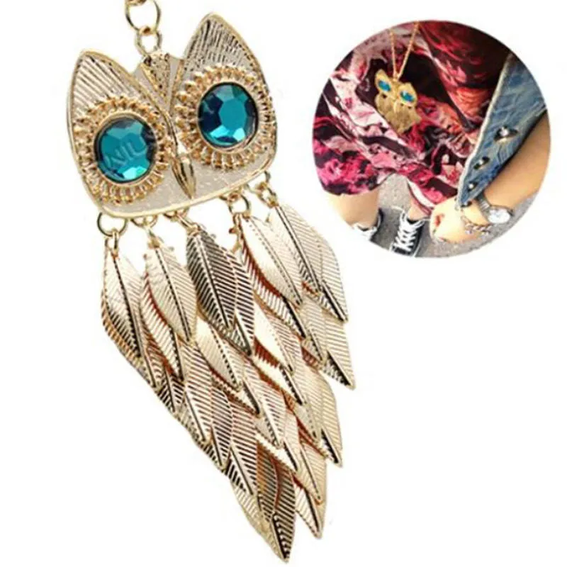 able Stylish Gold Plated Leaves Owl Charm Chain Long Women Pendant Necklace SM6