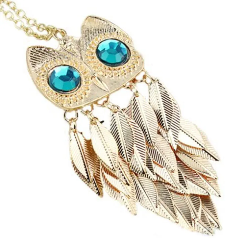 able Stylish Gold Plated Leaves Owl Charm Chain Long Women Pendant Necklace SM6