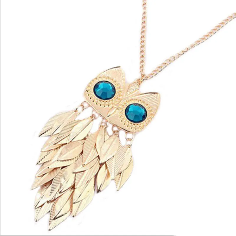 able Stylish Gold Plated Leaves Owl Charm Chain Long Women Pendant Necklace SM6