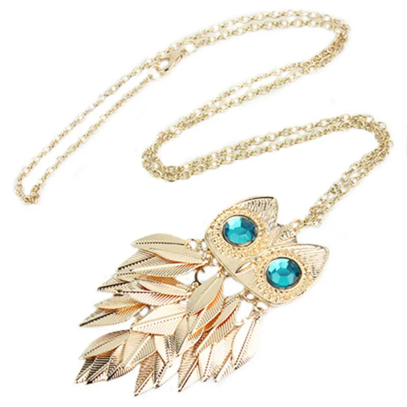 able Stylish Gold Plated Leaves Owl Charm Chain Long Women Pendant Necklace SM6