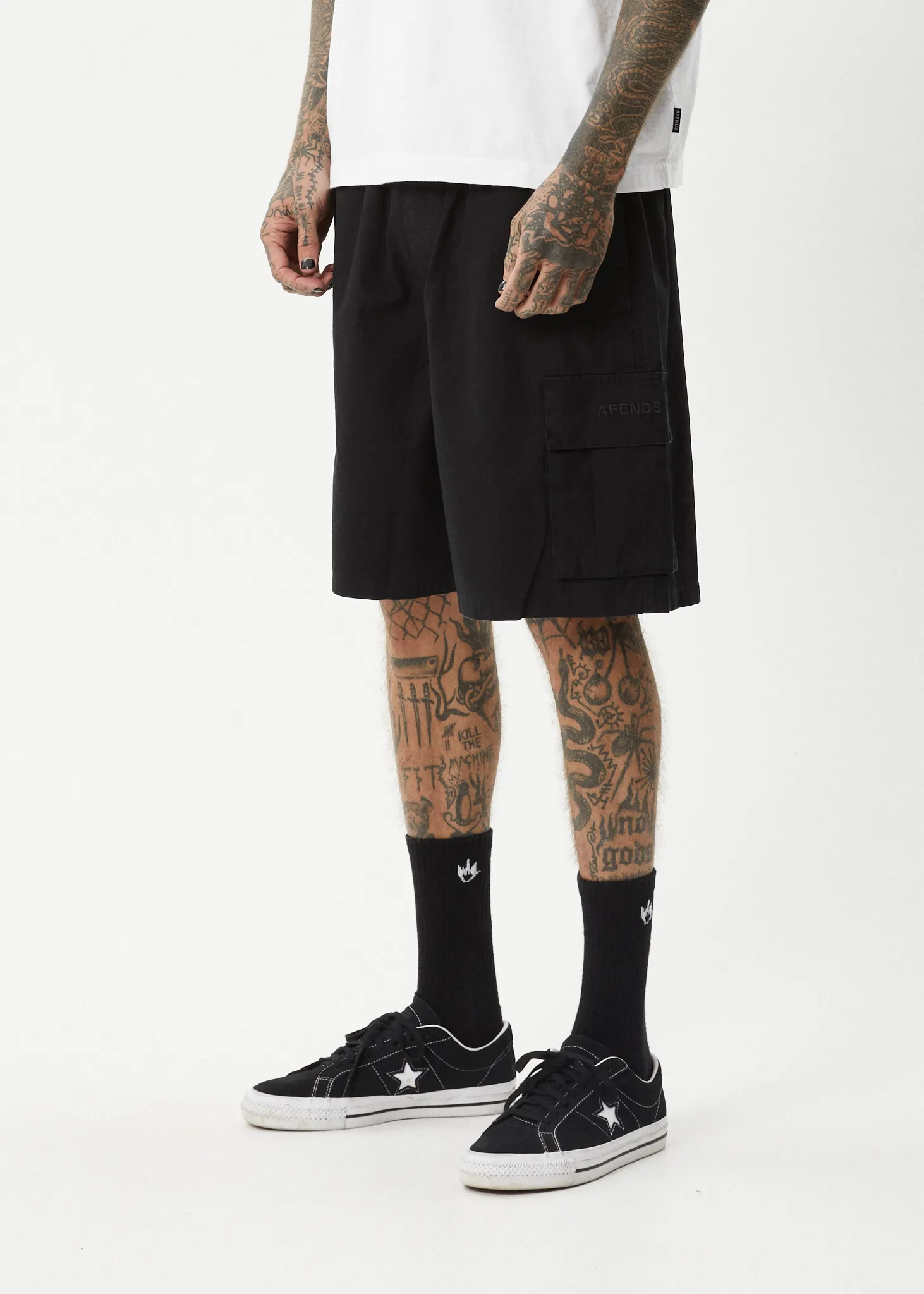 AFENDS Mens Ninety Eights Cargo - Oversized Cargo Short 20 Inch - Black