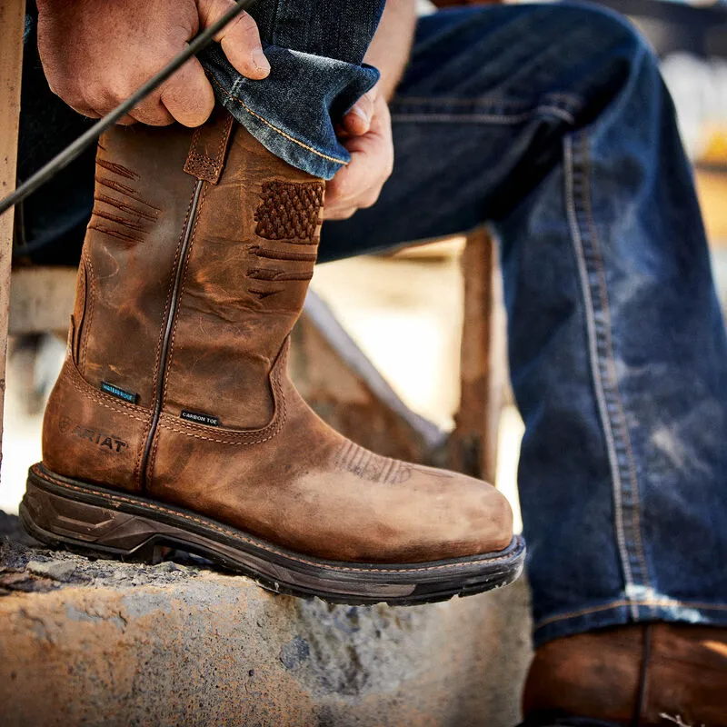 Ariat Mens WorkHog XT Patriot Waterproof Carbon Toe Western Work Boot- Distressed Brown