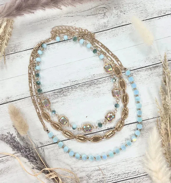 Baby Blue, Gold, Bling 3 layer necklace