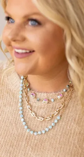 Baby Blue, Gold, Bling 3 layer necklace