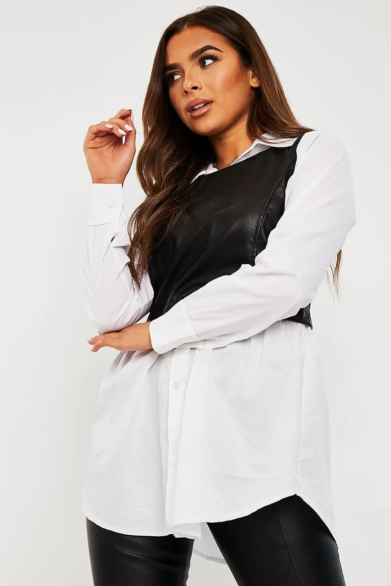 Black Faux Leather Panel White Shirt - Leacy