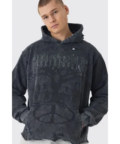 boohooMAN Mens Oversized Boxy Loopback Applique Raw Edge Hoodie