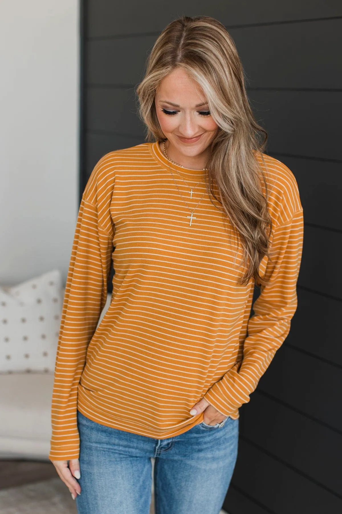 Brighten My Day Striped Pullover Top- Mustard