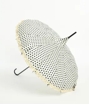 Cream & Black Sparkle Dot Frilled Pagoda Umbrella