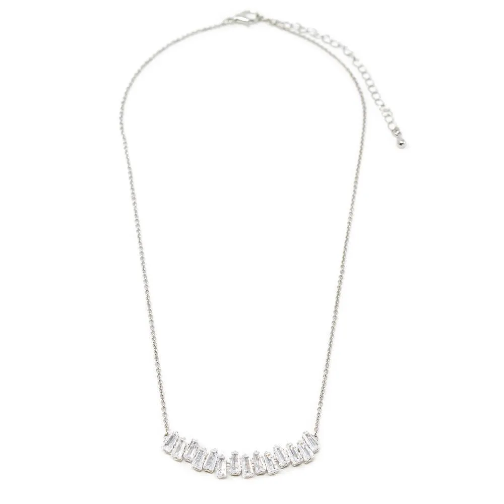 Cubic Zirconia Square Bar Necklace Rhodium Plated