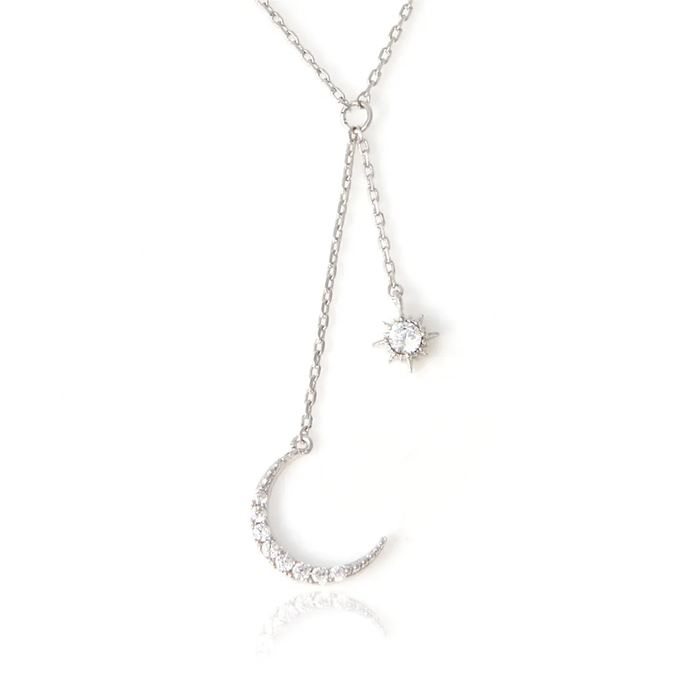 CZ Crescent Moon and Star Drop Necklace