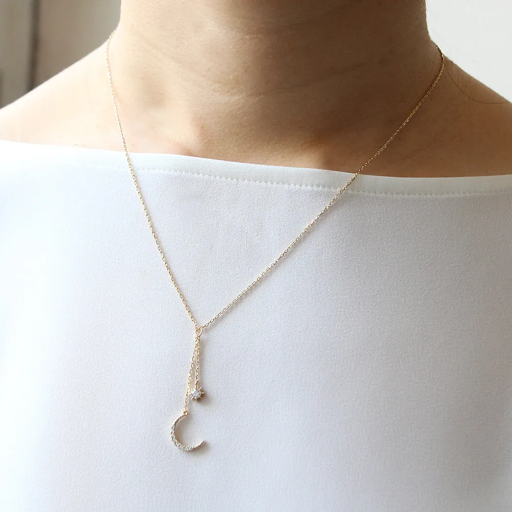 CZ Crescent Moon and Star Drop Necklace