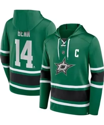 Fanatics Men's NHL Fanatics Jamie Benn Kelly Dallas Stars Name & Number Lace-Up Pullover Hoodie