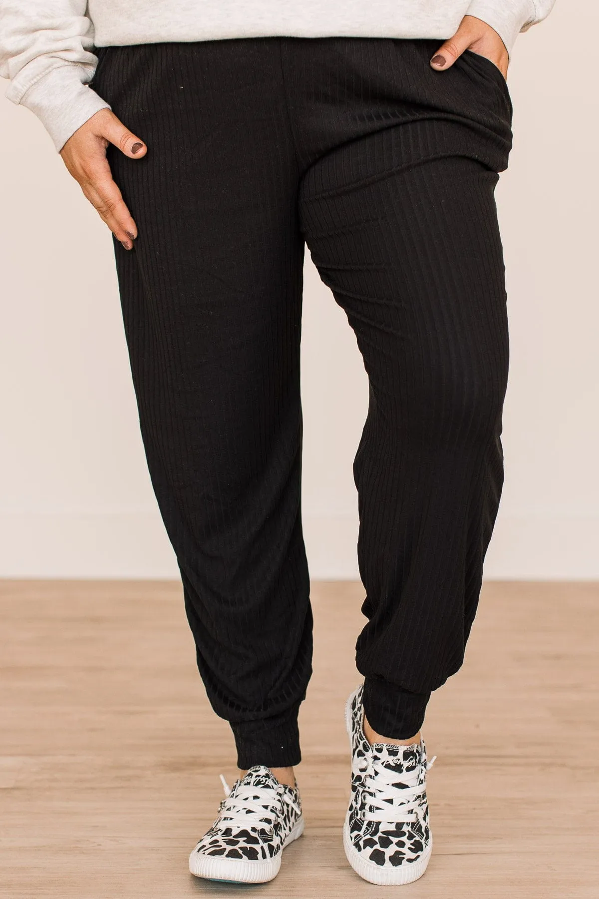 Follow Through Ribbed Knit Joggers- Black