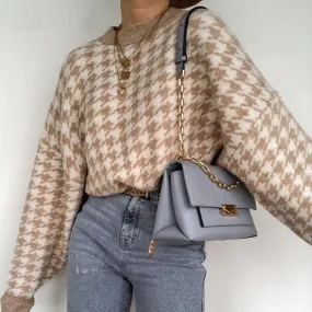 Geometric Khaki Knitted Sweater Women Casual Houndstooth Pullover Sweater