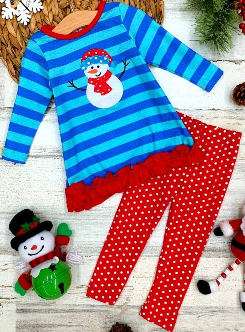 Girls Striped Long Sleeve Ruffled Snowman Applique Tunic And Polka Dot Legging Set