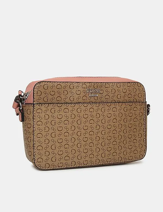 GUESS Women Caramel Brown Printed Campos Mini Camera Crossbody Sling Bag