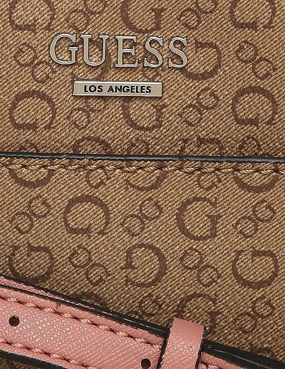 GUESS Women Caramel Brown Printed Campos Mini Camera Crossbody Sling Bag