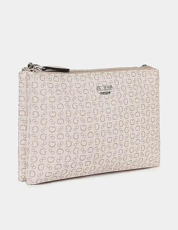 GUESS Women Caramel Printed Campos Mini Double Zip Crossbody Sling Bag