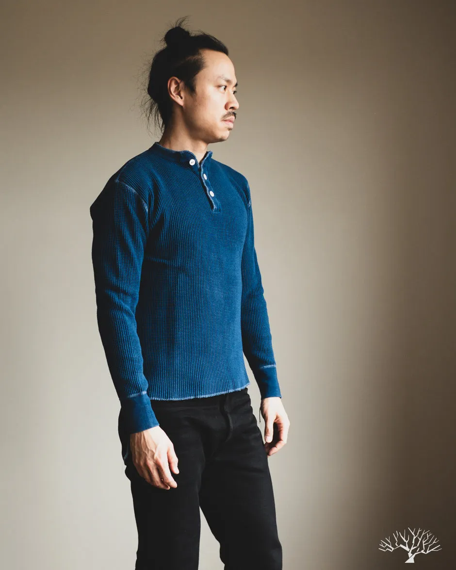 IHTL-1213-IND - Waffle Knit Long Sleeve Thermal Henley - Indigo