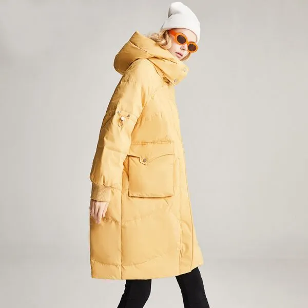 Long hooded padded down jacket for women