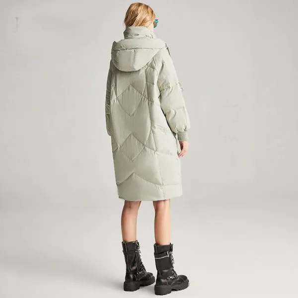 Long hooded padded down jacket for women