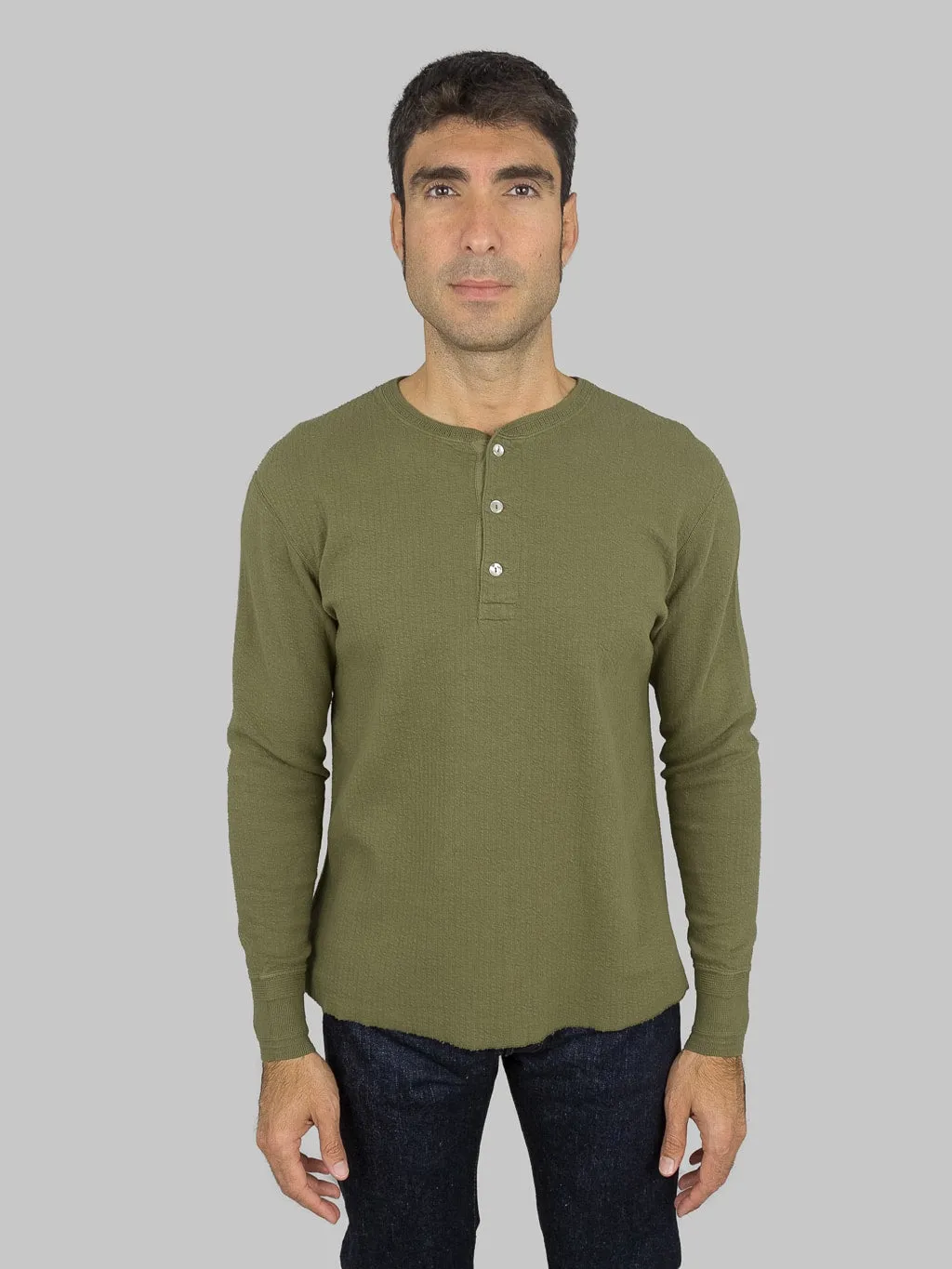 Loop & Weft Double Face Jacquard Henley Thermal Army Olive