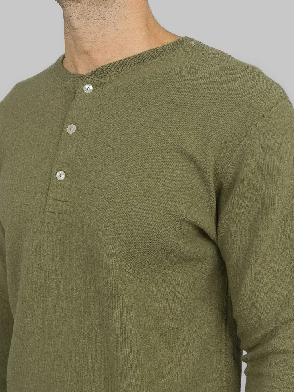 Loop & Weft Double Face Jacquard Henley Thermal Army Olive