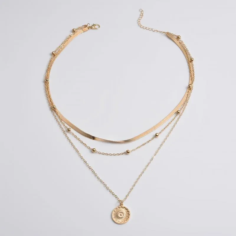 Lotus Pendant Three Layer Necklace