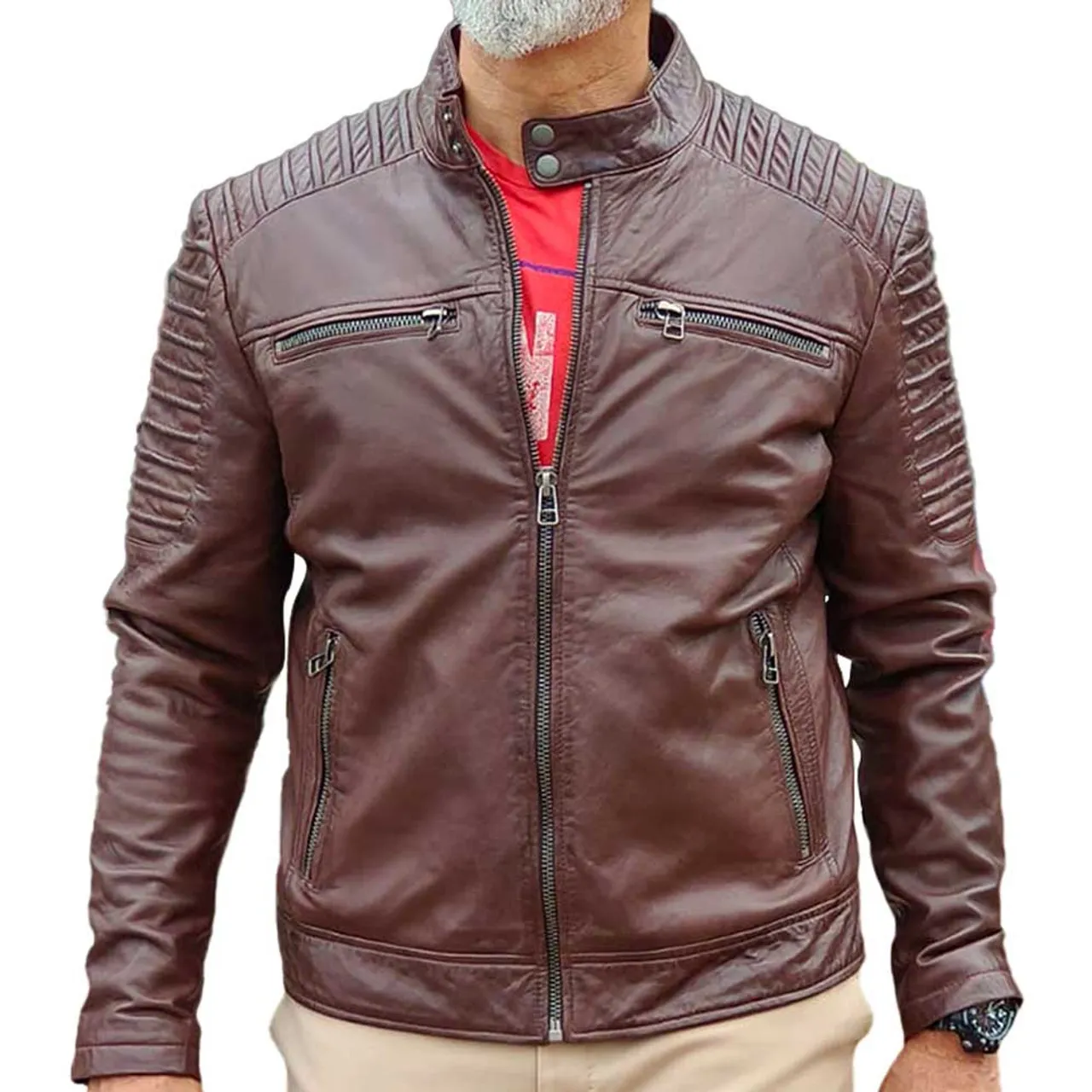 Mens Cafe Racer Brown Real Lambskin Leather Jacket