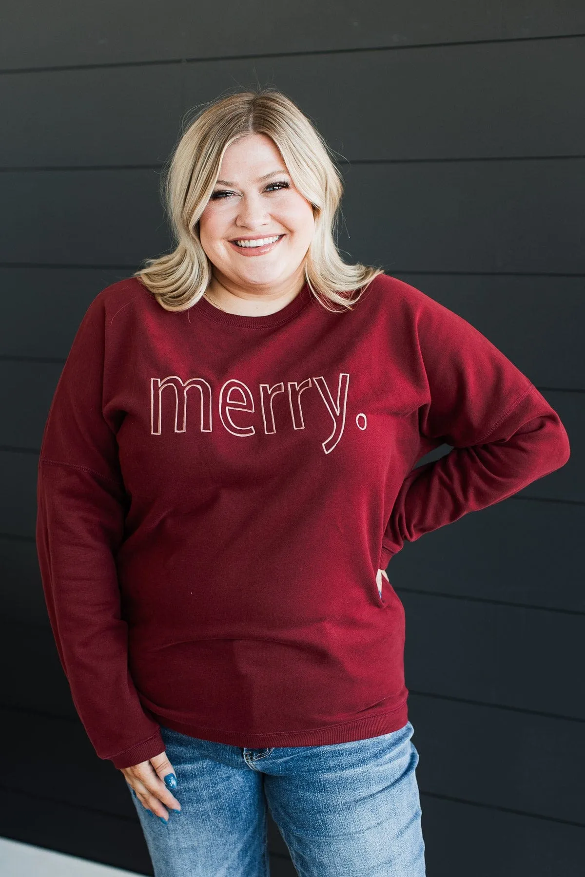 Merry Embroidered Crew Neck Pullover- Wine