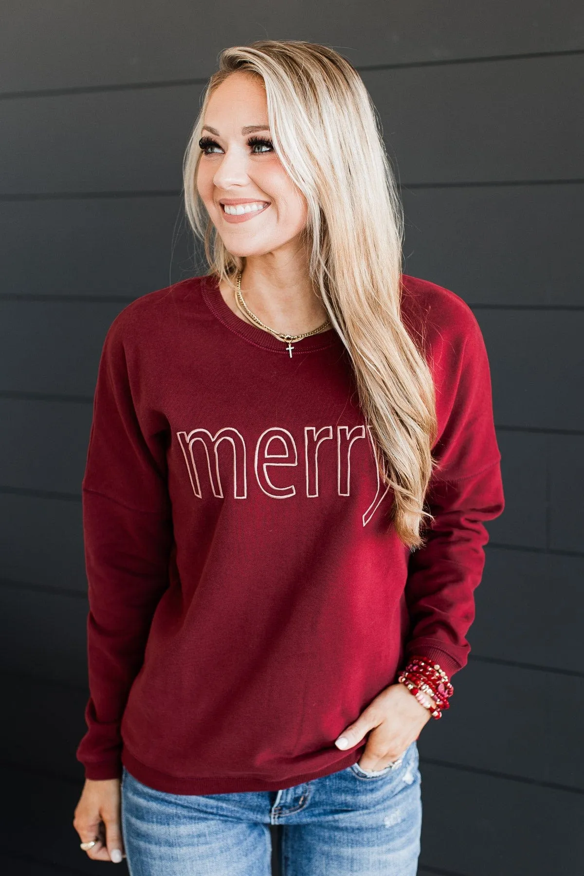 Merry Embroidered Crew Neck Pullover- Wine