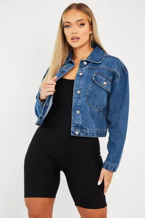 Mid Blue Pocket Cropped Denim Jacket - Cerise