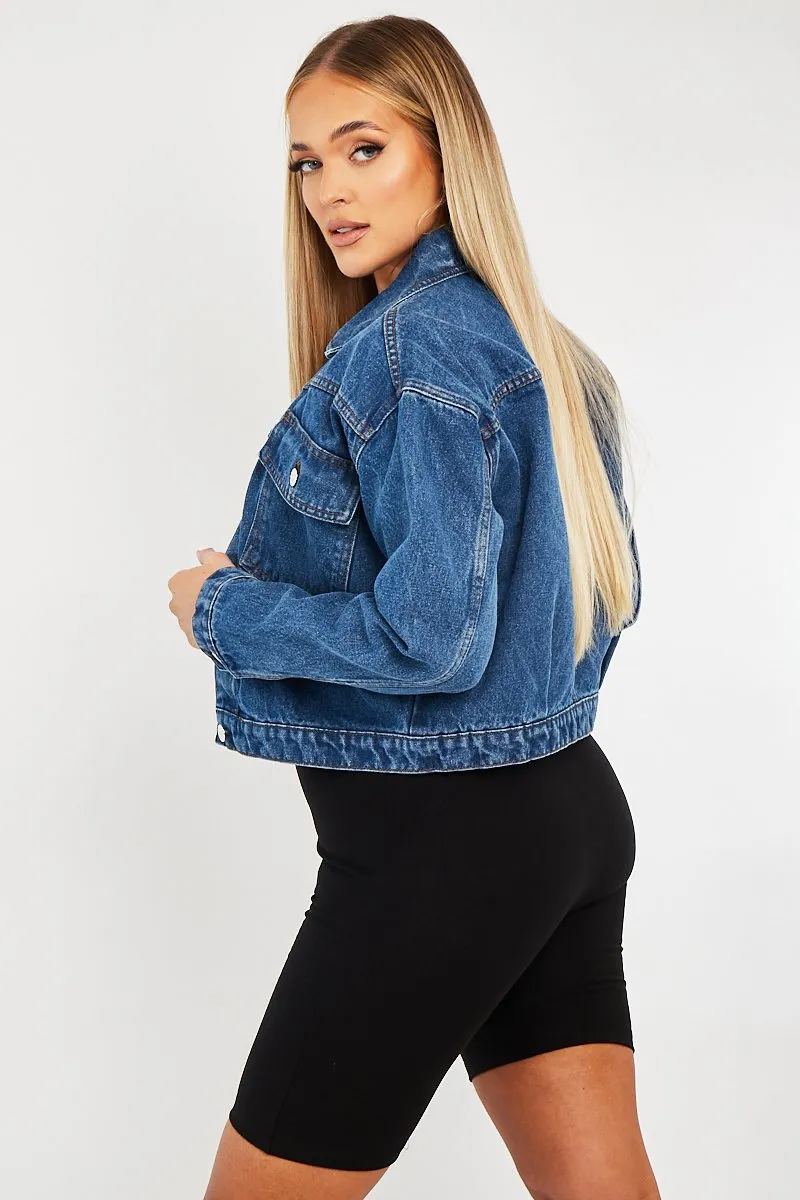 Mid Blue Pocket Cropped Denim Jacket - Cerise