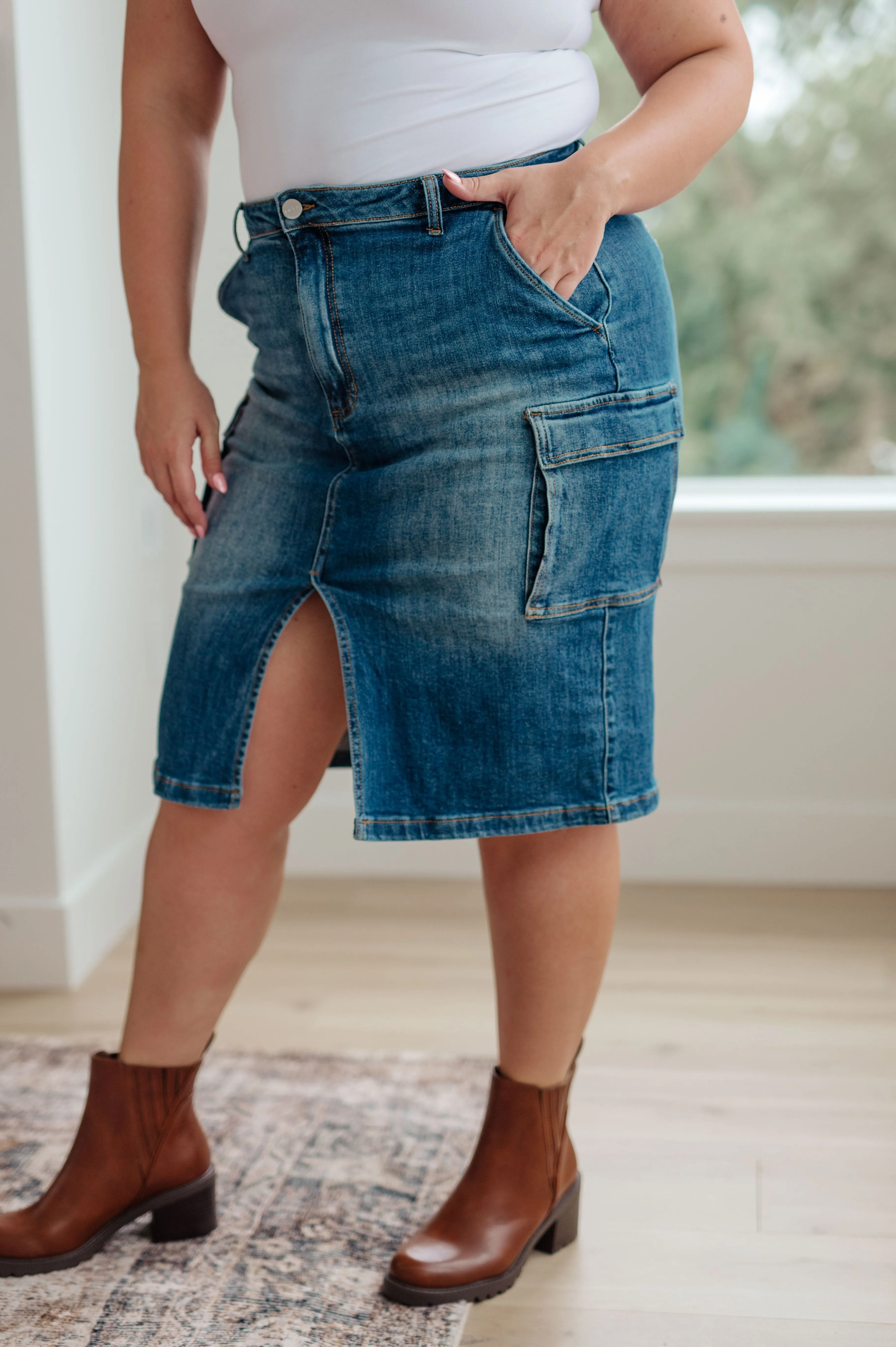 Midi Cargo Denim Skirt