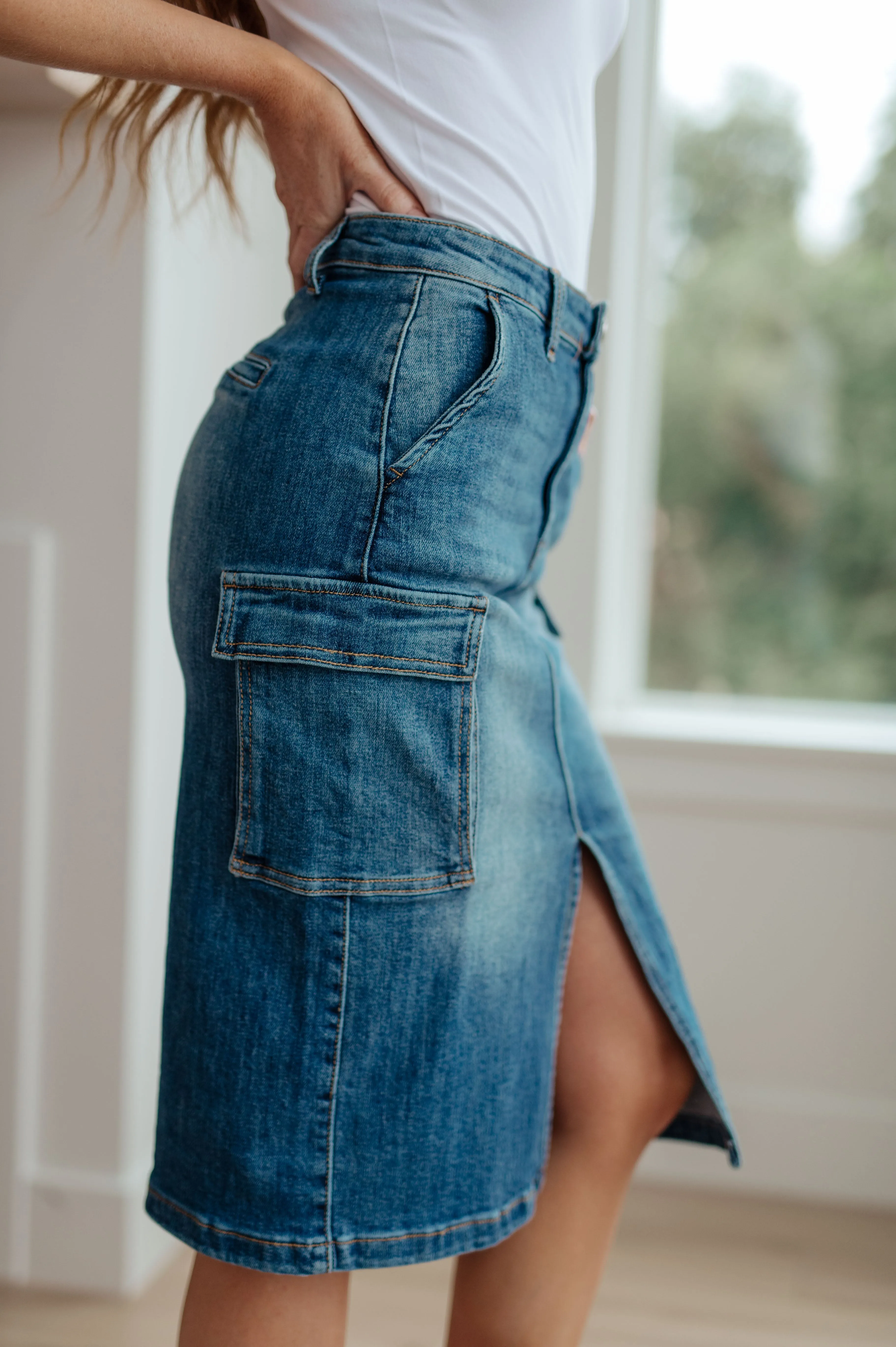 Midi Cargo Denim Skirt