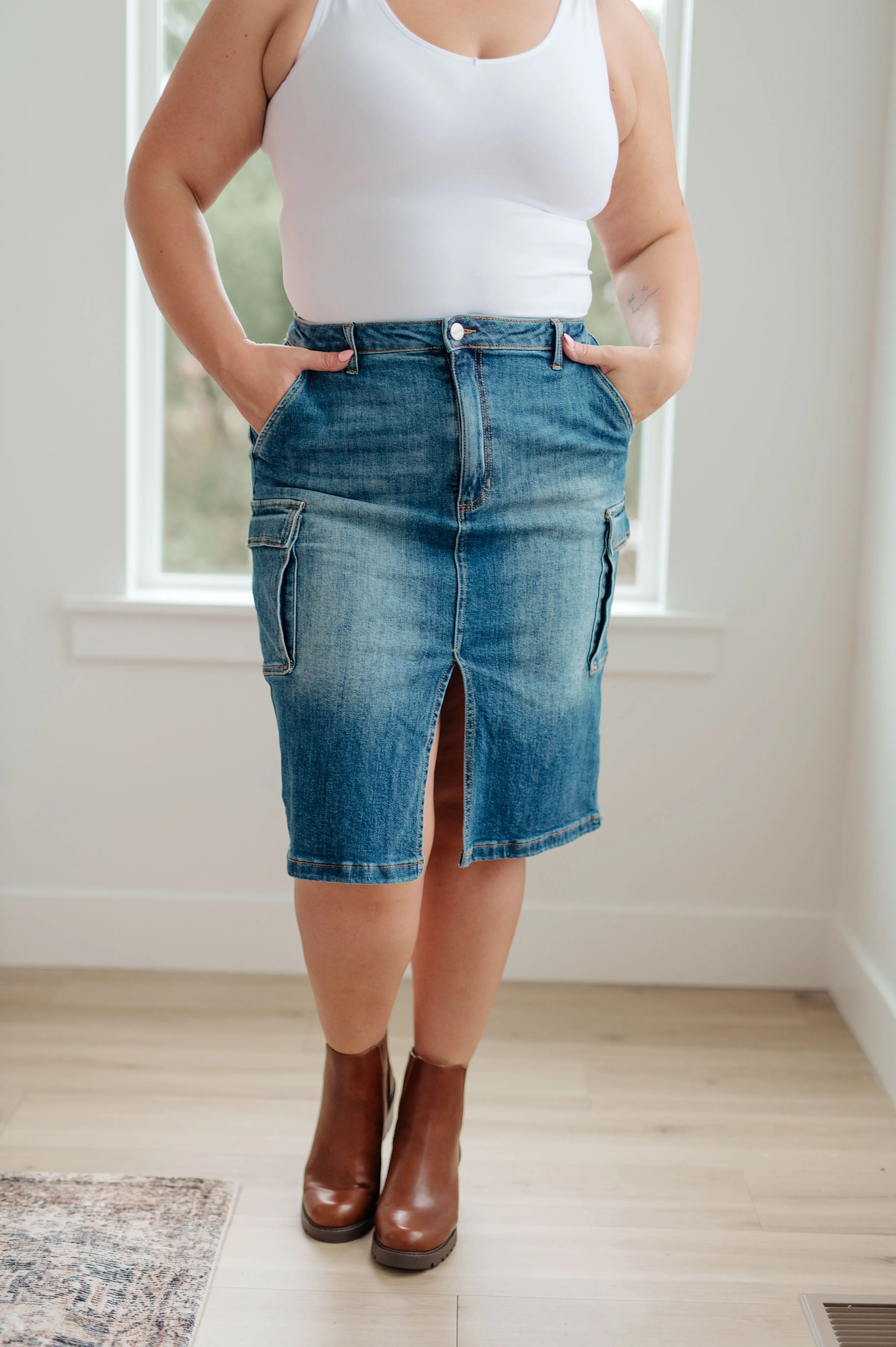 Midi Cargo Denim Skirt