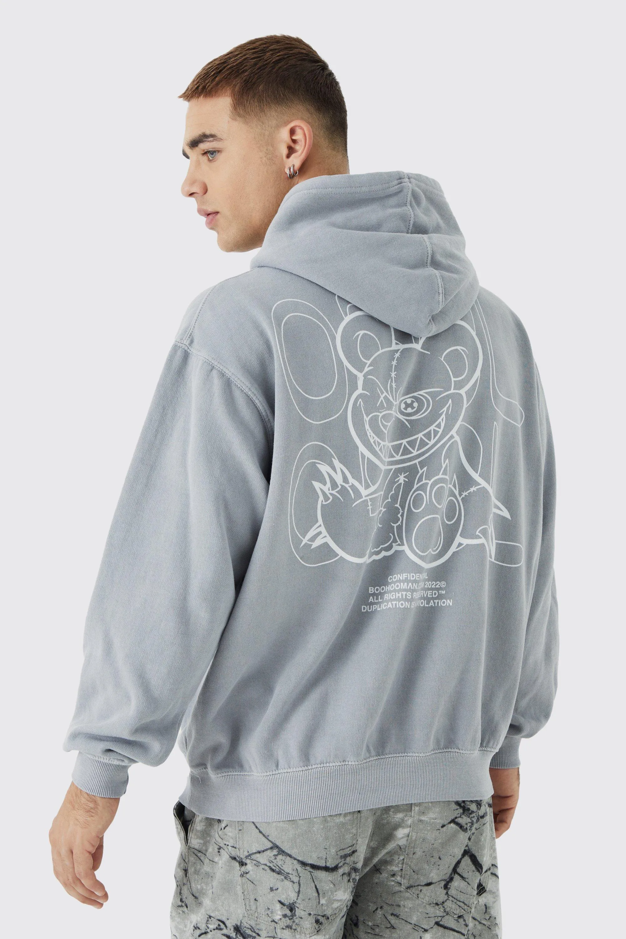 Oversized Overdye Teddy Graphic Hoodie | boohooMAN UK