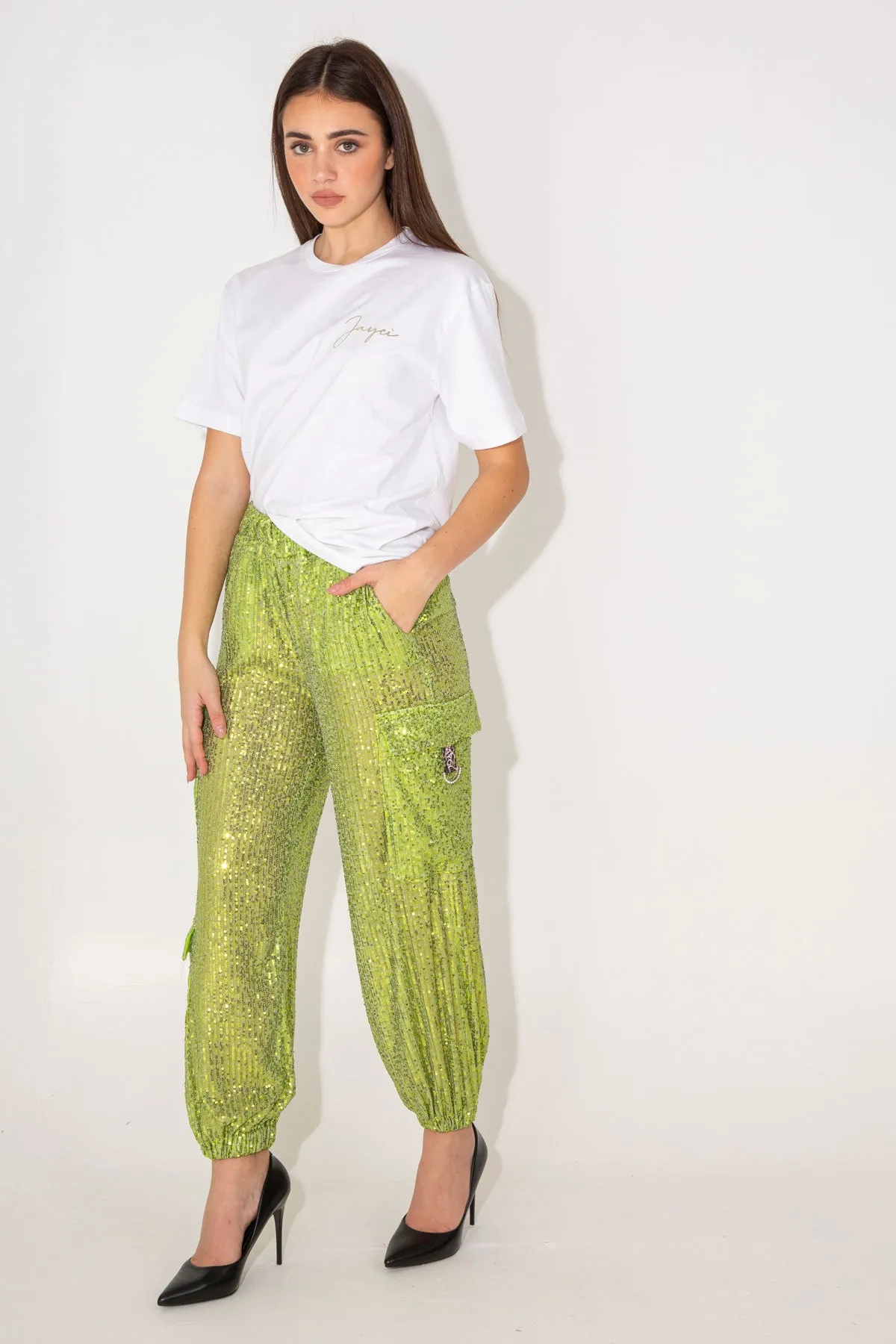 Pantaloni cargo in paillettes