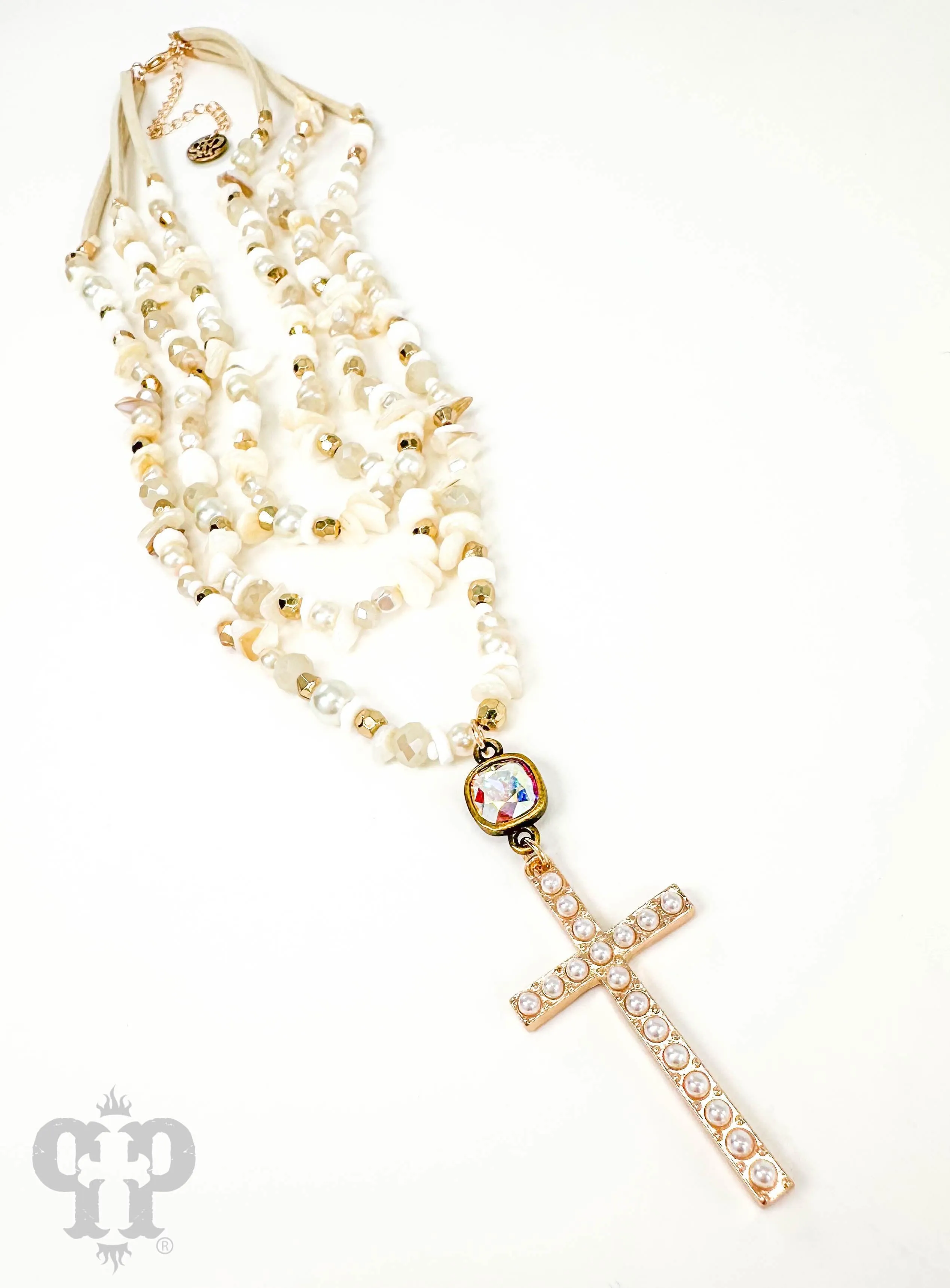 PP AB Cross White Gold Multi Layer Necklace