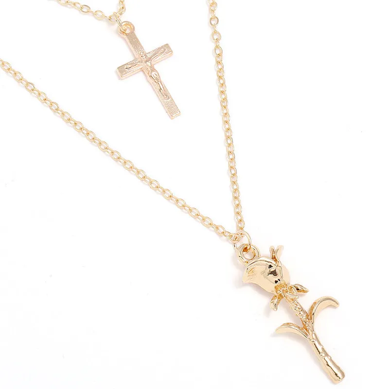 Rose Cross Pendant Necklace