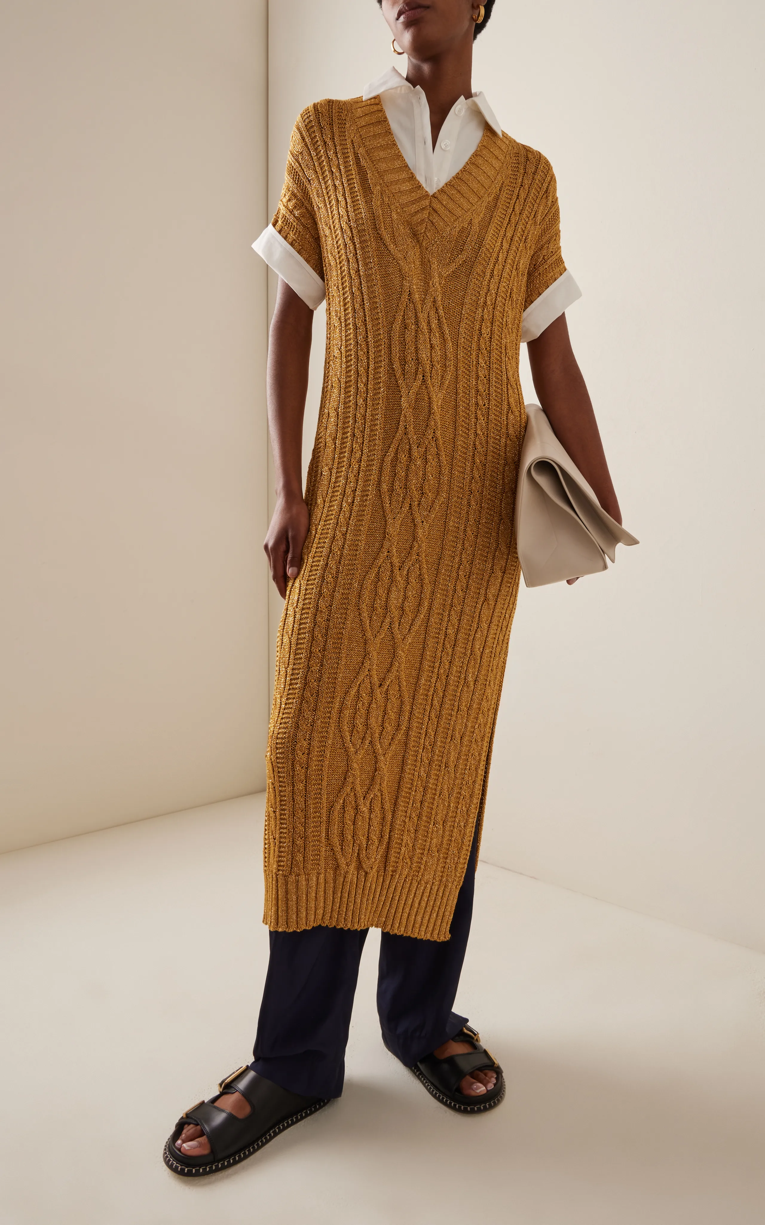 Rosie Assoulin Lurex Cable-Knit Midi Sweater Dress