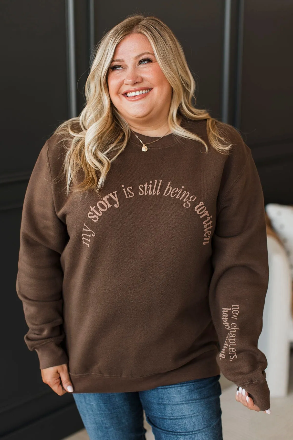 Still Being Written Crew Neck Pullover- Brown