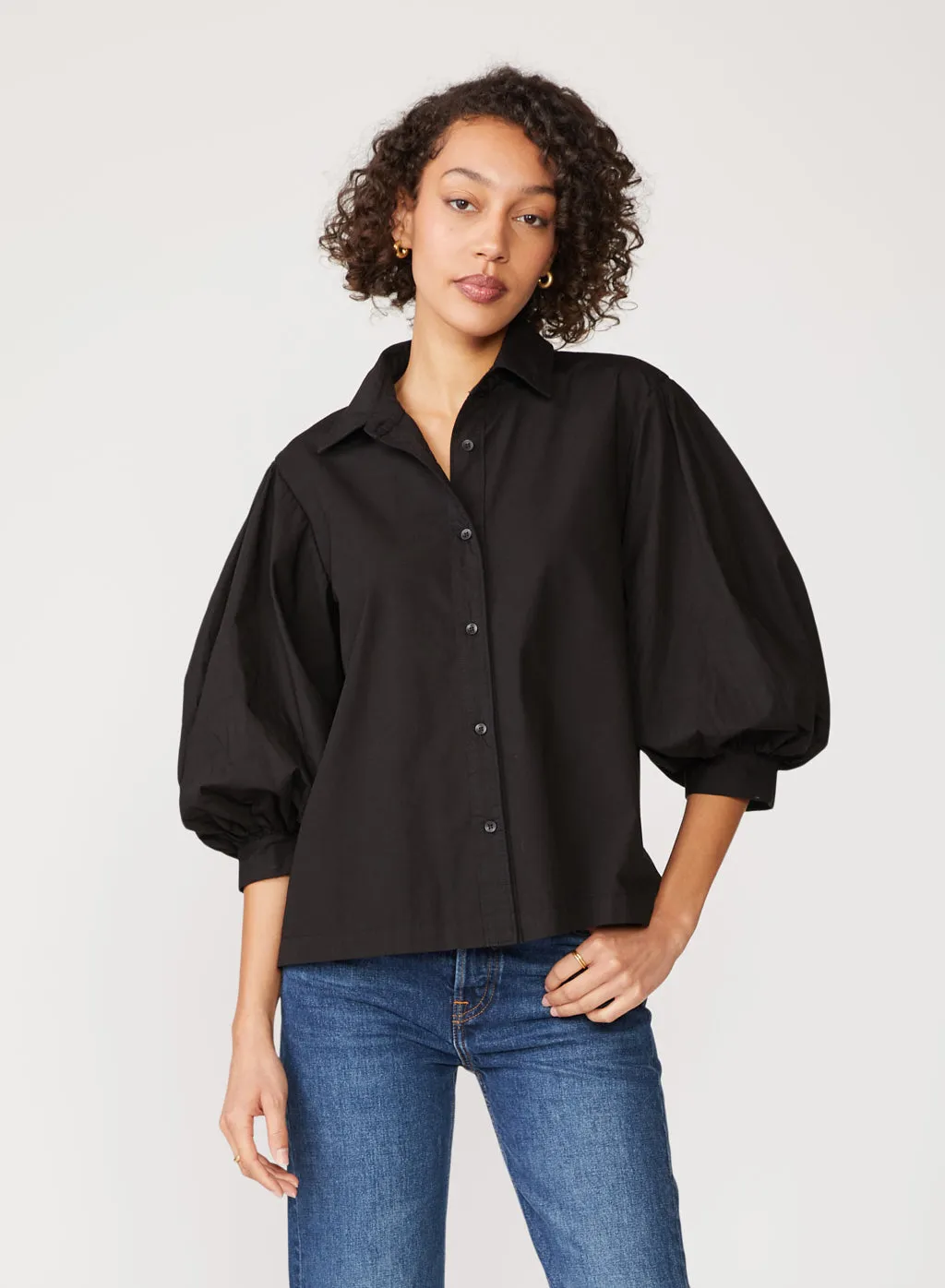 Structured Poplin Puff Sleeve Shirt in Black