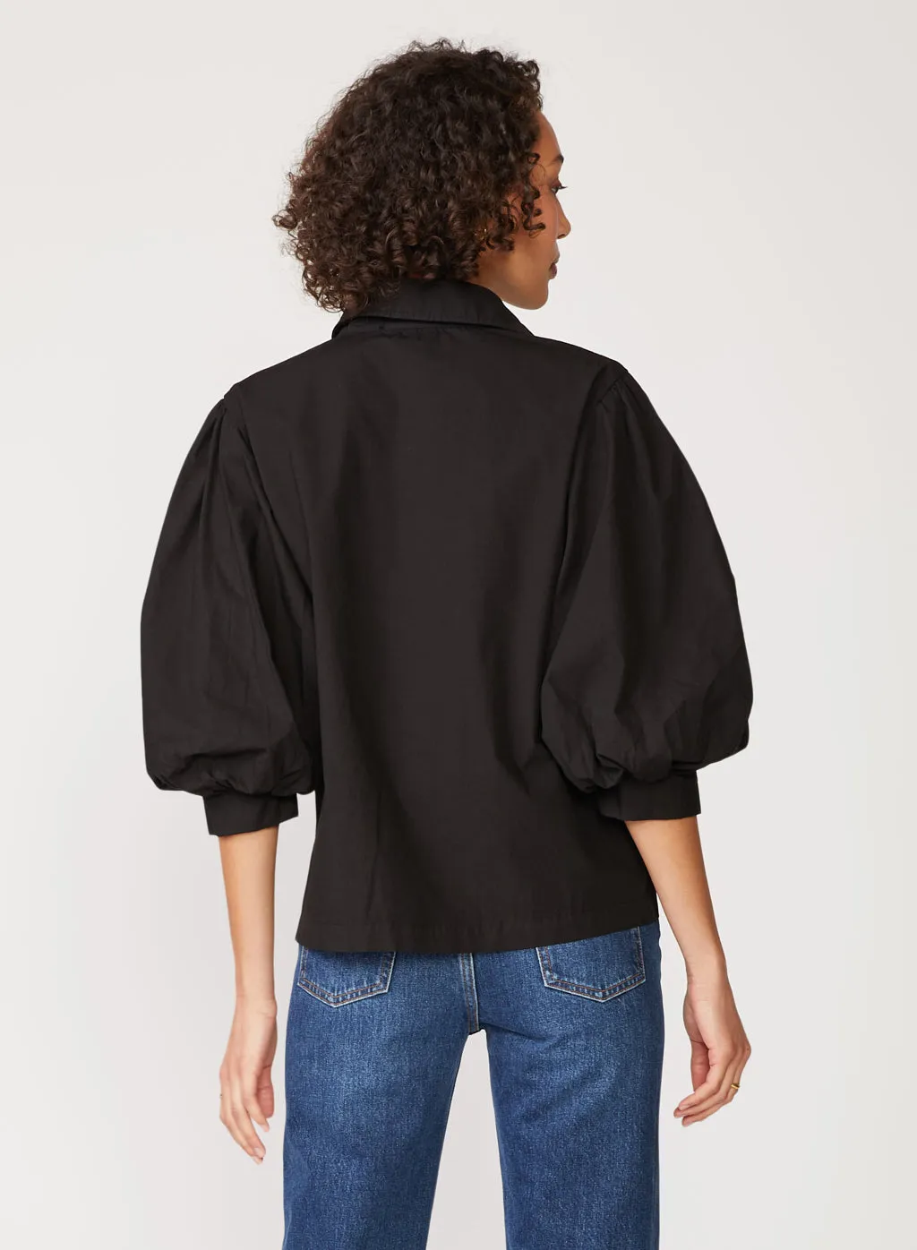 Structured Poplin Puff Sleeve Shirt in Black