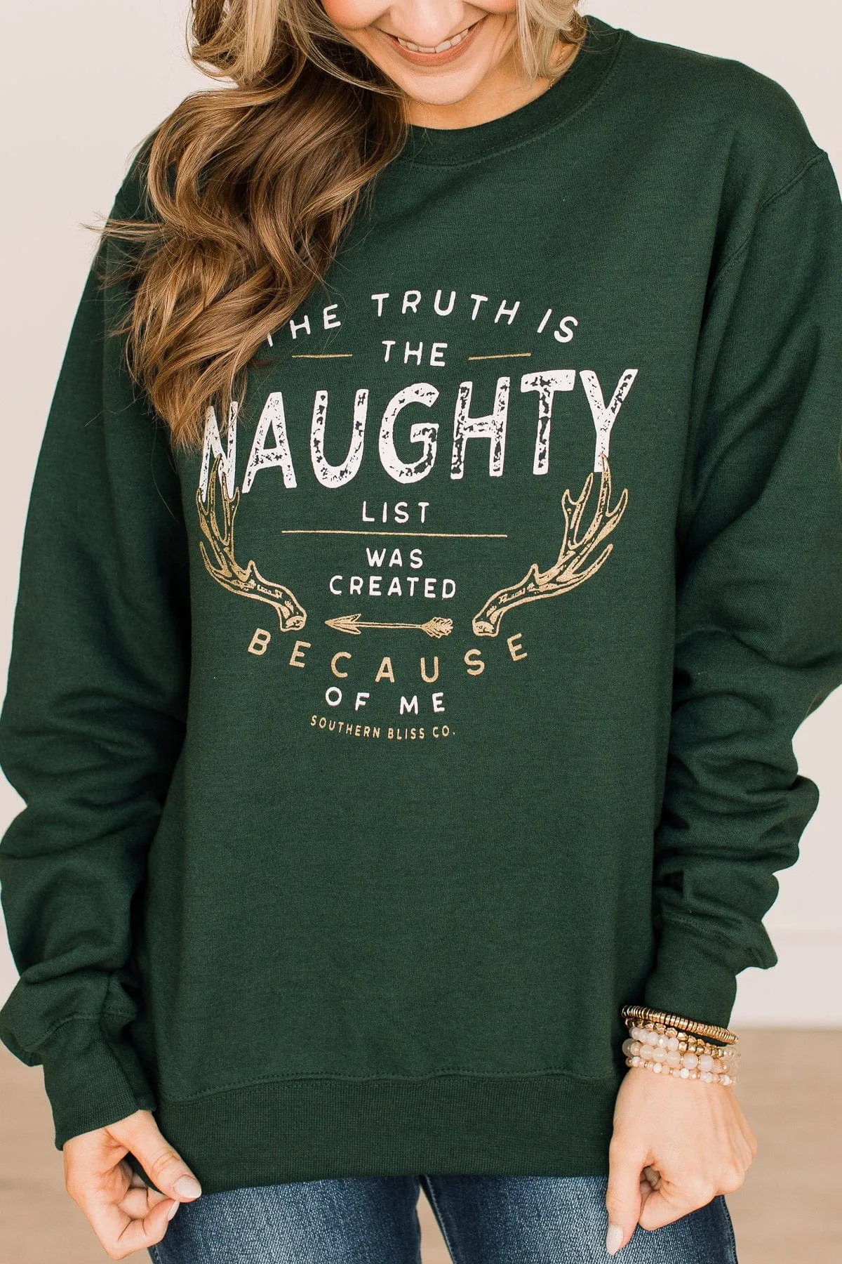 The Naughty List Crew Neck Pullover- Forest Green