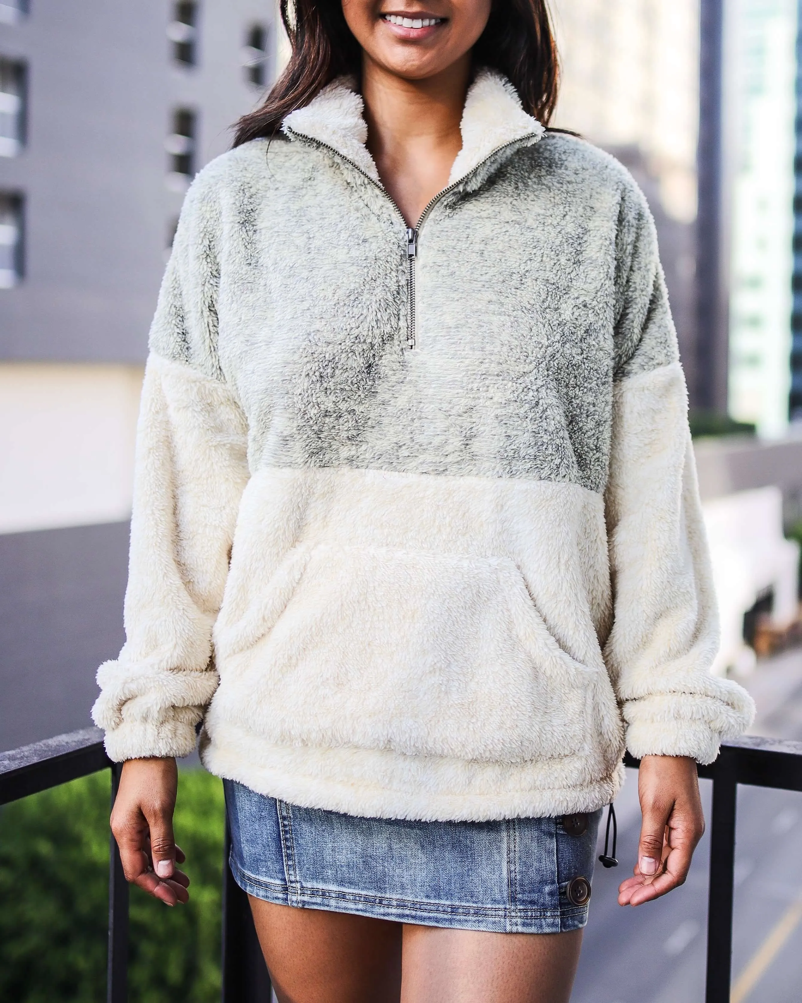 Two Tone Sherpa Half-Zip Pullover - Taupe/Cream