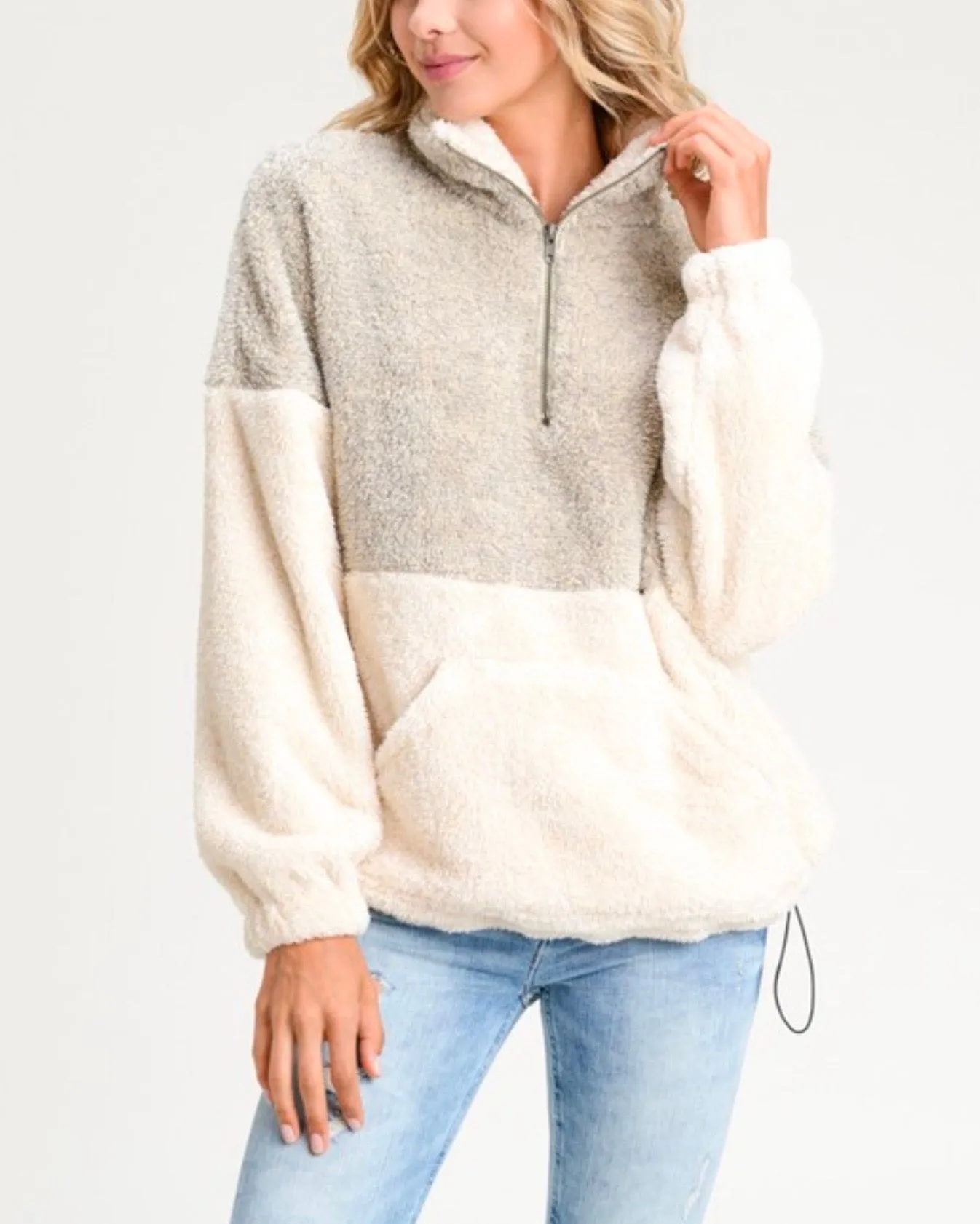 Two Tone Sherpa Half-Zip Pullover - Taupe/Cream