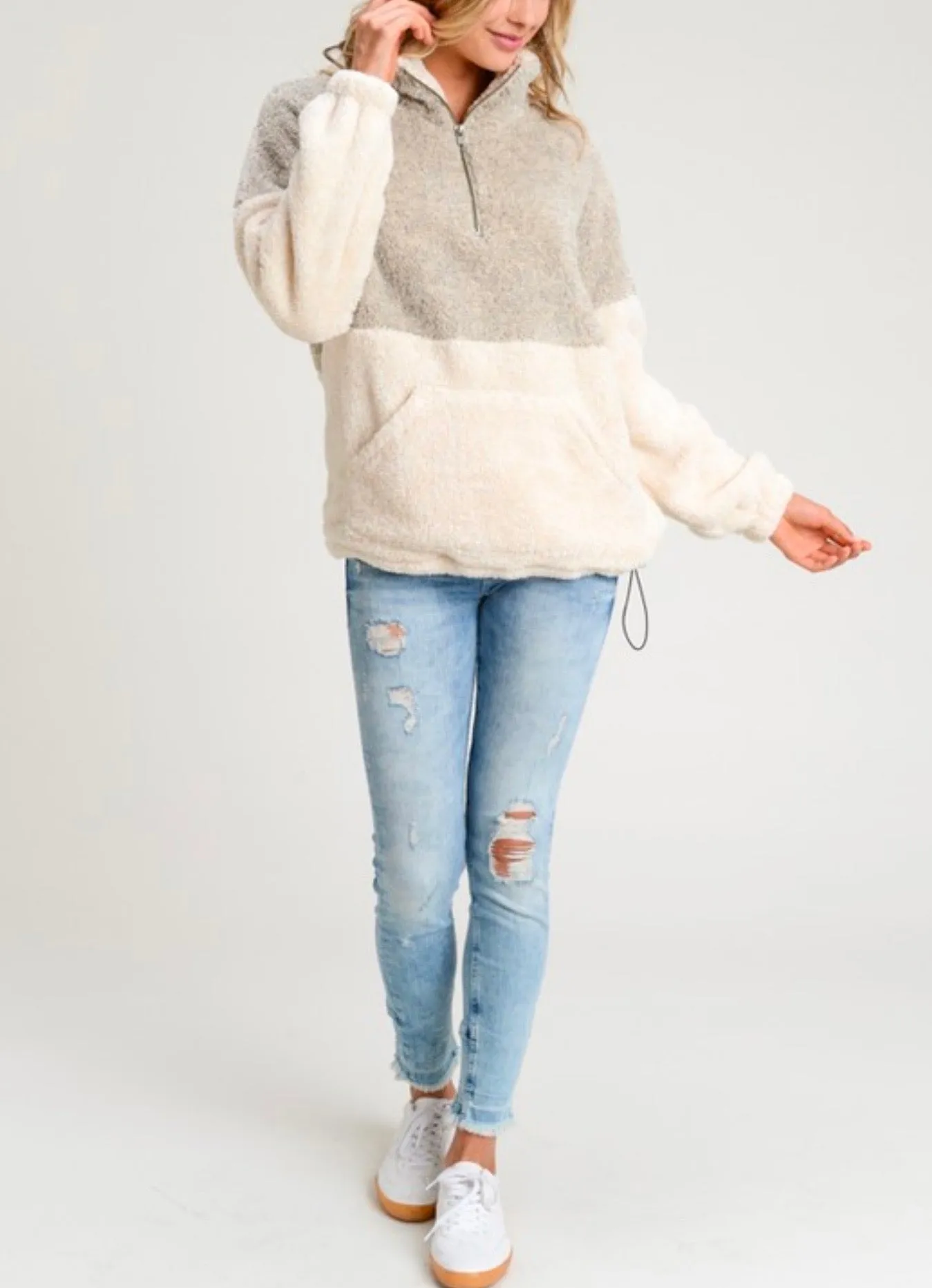 Two Tone Sherpa Half-Zip Pullover - Taupe/Cream